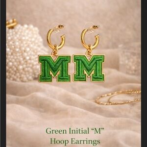 Camille Boutique Green Initial “M” Hoop Earrings | Gold Tone